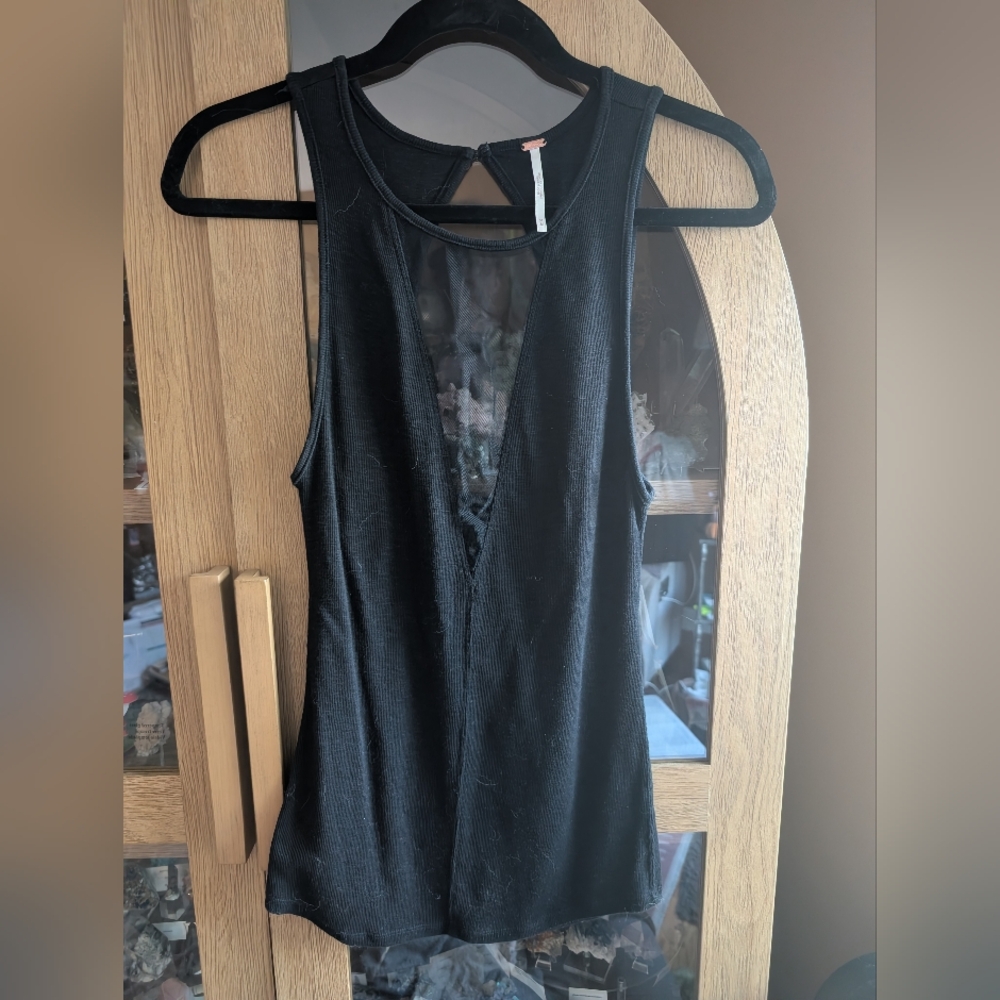 Free People Deep V With Mesh  Black Sleeveless Top M